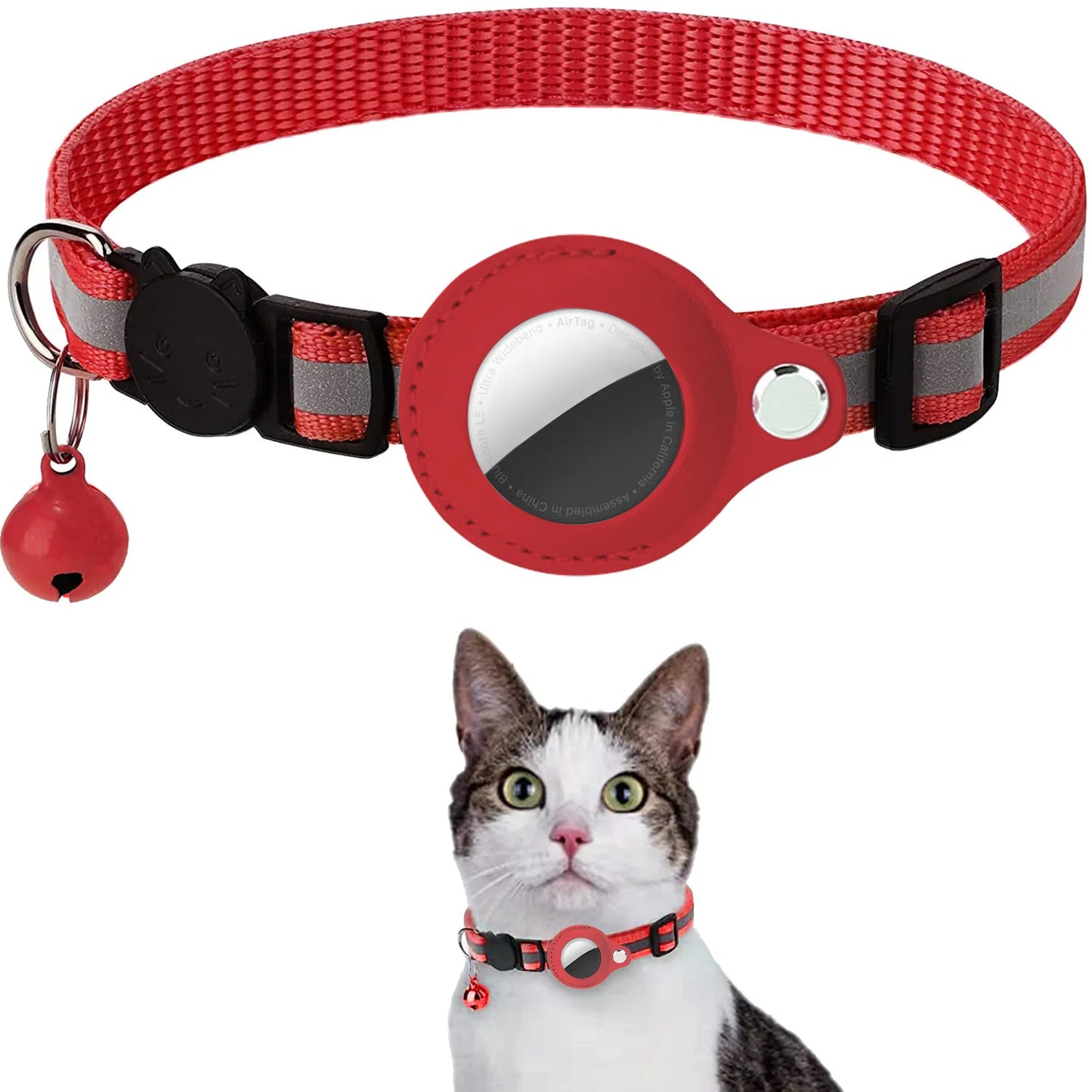 Cat AirTag Holder Collar Breakaway Reflective Strips Adjustable Waterproof Kitten Collar with Bell