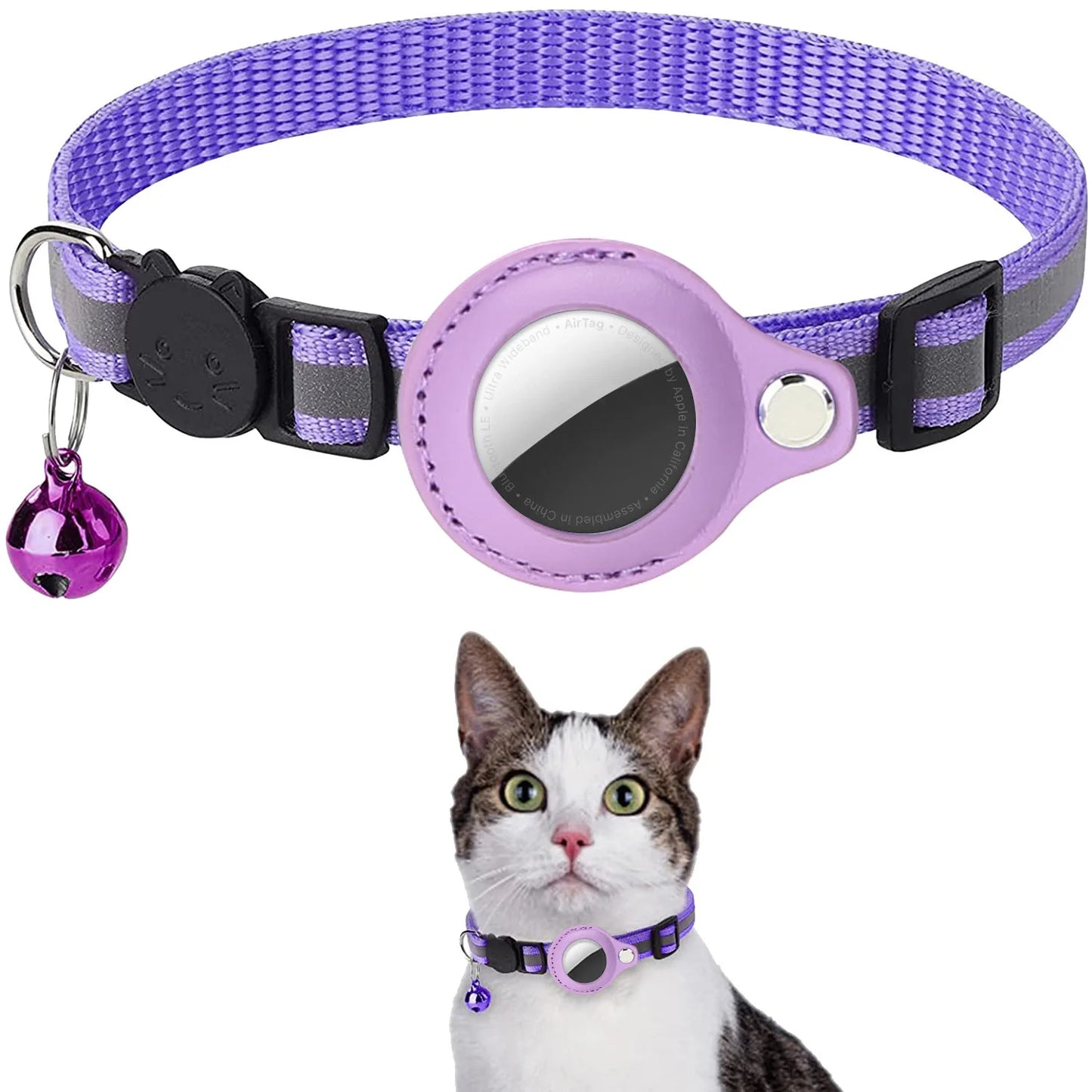 Cat AirTag Holder Collar Breakaway Reflective Strips Adjustable Waterproof Kitten Collar with Bell