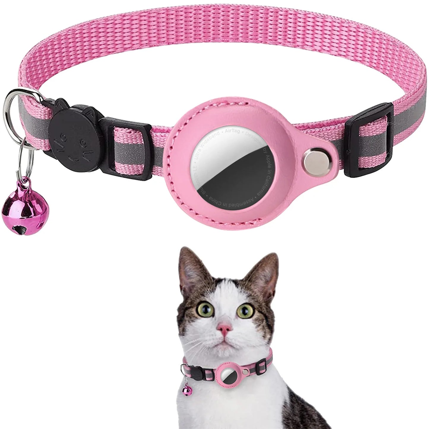 Cat AirTag Holder Collar Breakaway Reflective Strips Adjustable Waterproof Kitten Collar with Bell