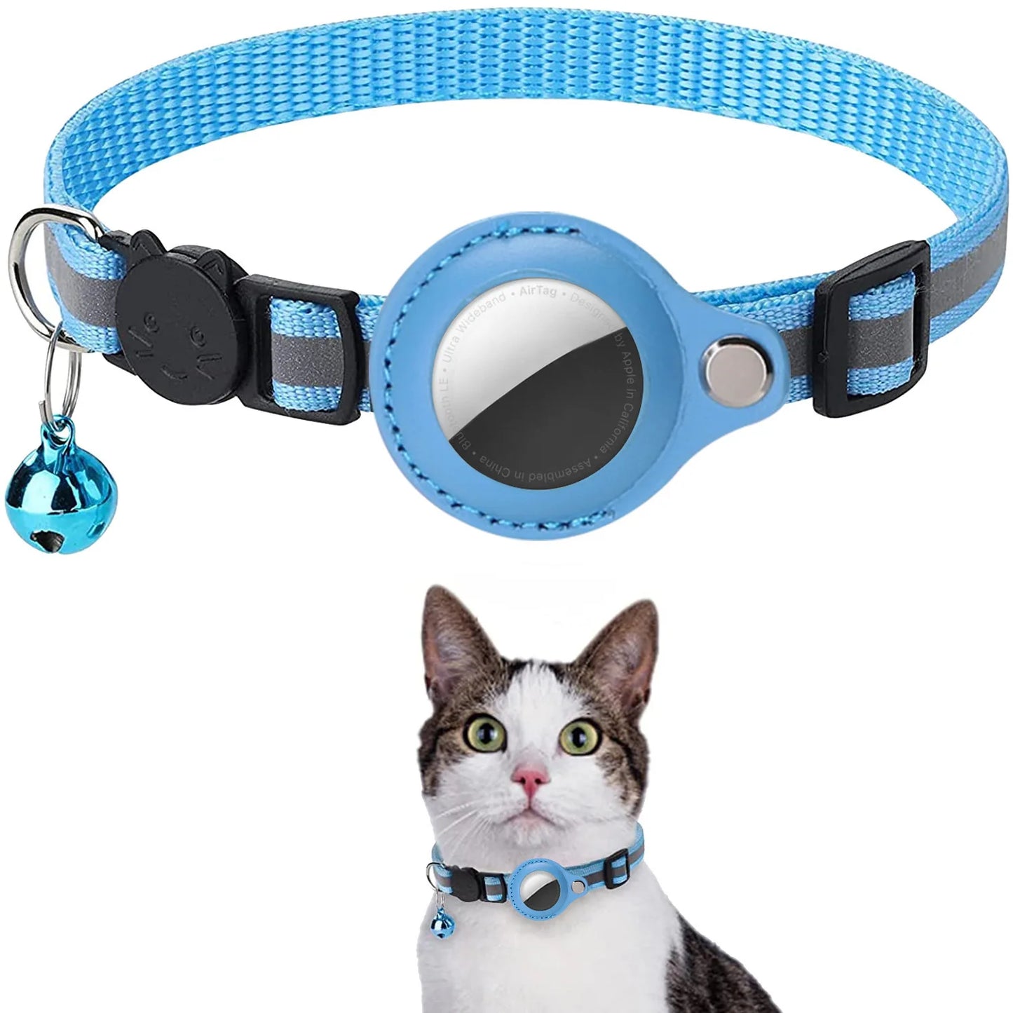 Cat AirTag Holder Collar Breakaway Reflective Strips Adjustable Waterproof Kitten Collar with Bell