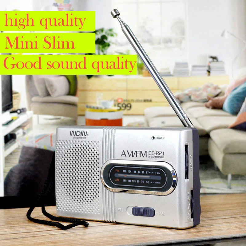 BC R21 Portable AM FM Radio Receiver Player with Built in Speaker and Standard 3.5MM Headphones Handheld Lightweight Ultra Thin