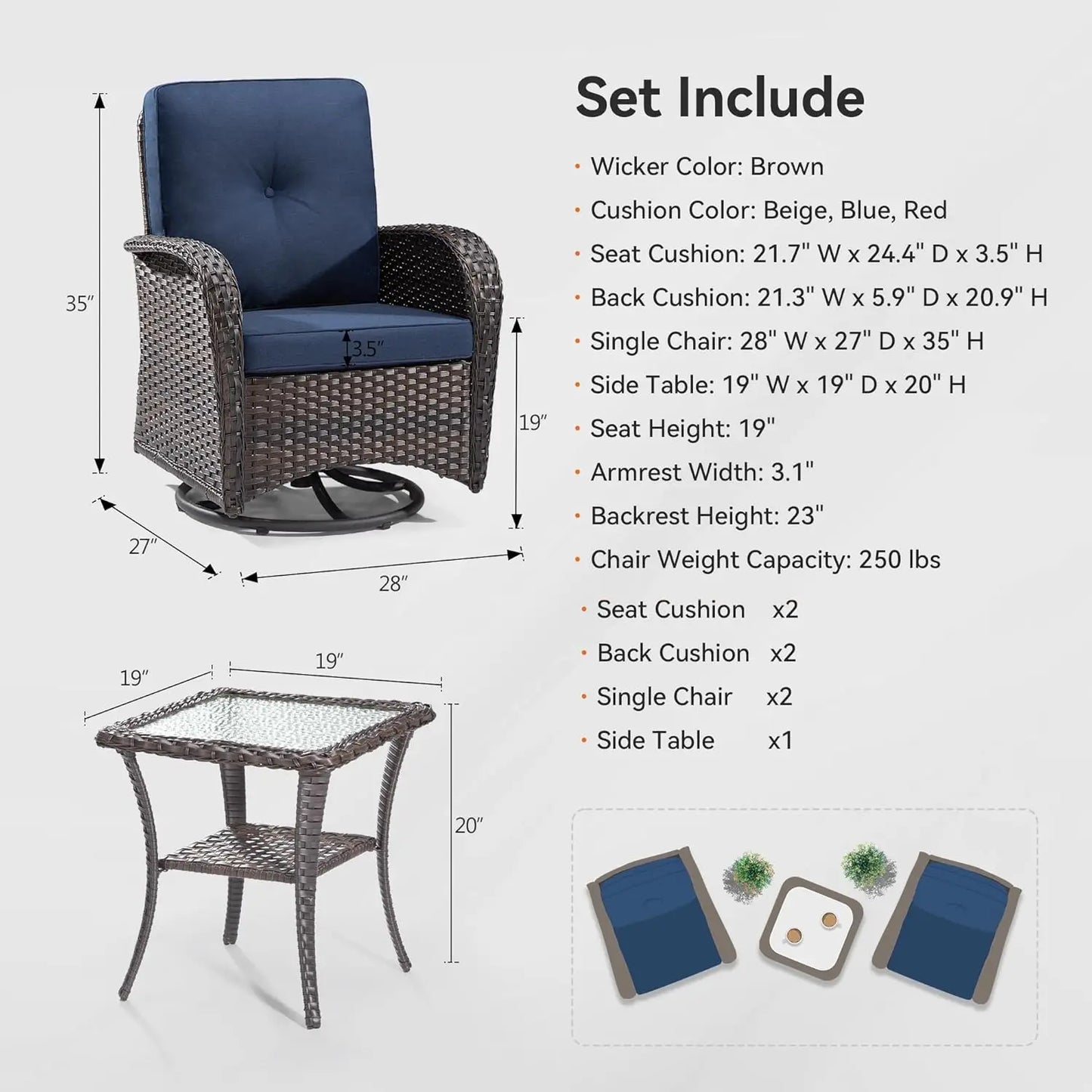 Patio Swivel Glider Wicker Chairs Set of 2 with Side Table Outdoor Rocking Chairs