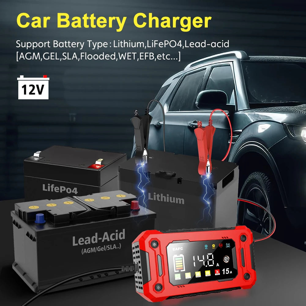 EAFC 12V Car Battery Charger 8A 15A Large Screen Pulse Repair Charger for Auto Moto SUV Lithium AGM Lead Acid GEL LCD Display