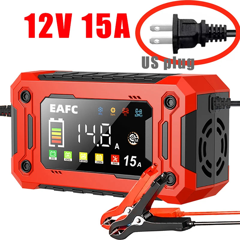EAFC 12V Car Battery Charger 8A 15A Large Screen Pulse Repair Charger for Auto Moto SUV Lithium AGM Lead Acid GEL LCD Display