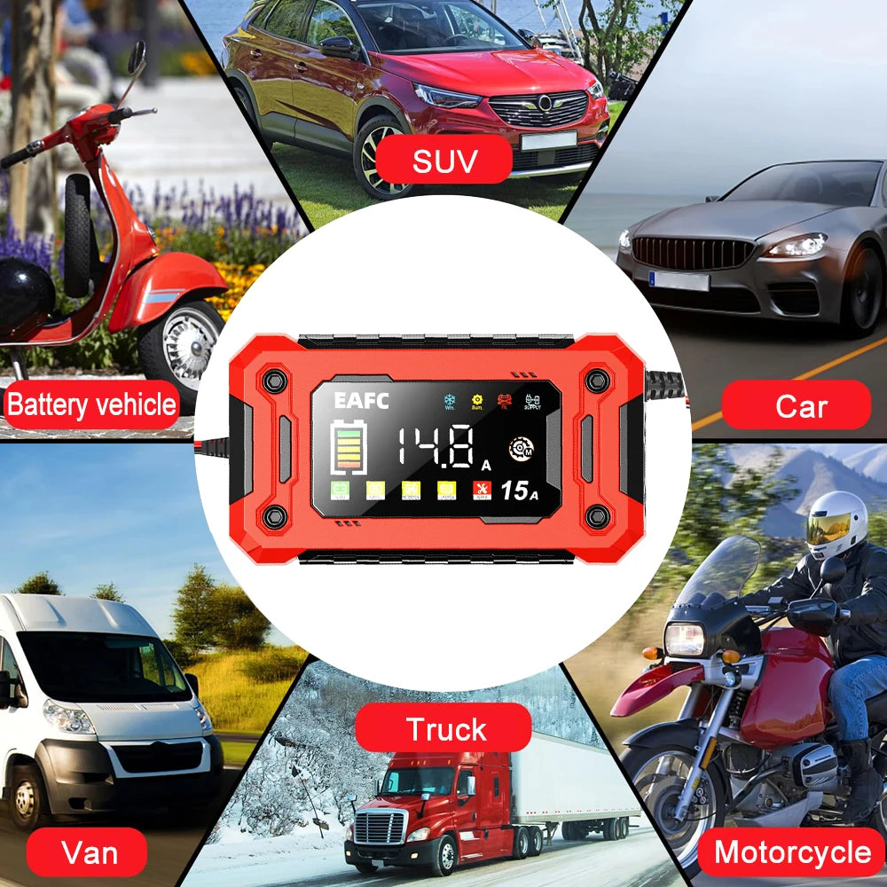 EAFC 12V Car Battery Charger 8A 15A Large Screen Pulse Repair Charger for Auto Moto SUV Lithium AGM Lead Acid GEL LCD Display