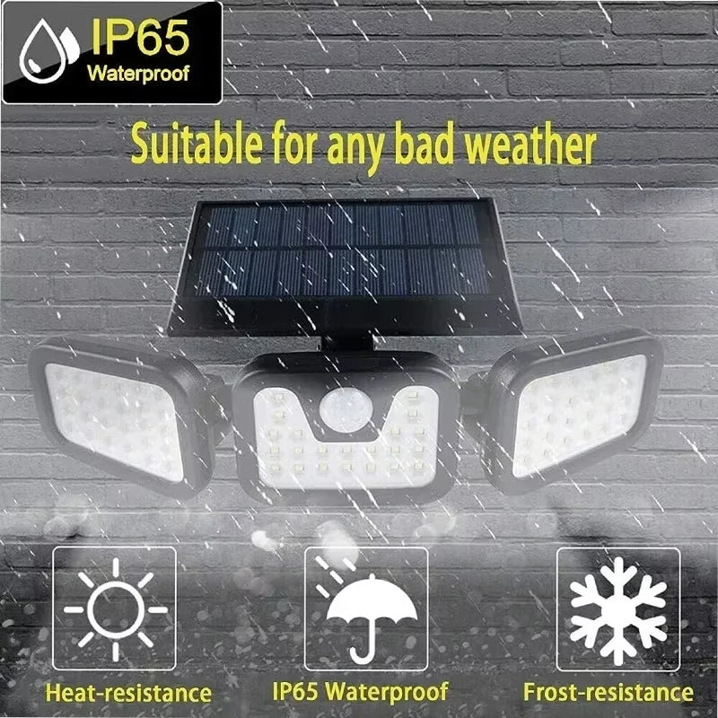 Led Solar Motion Sensor Light Outdoor Adjustable Head IP65 Waterproof Three Head Wall Lamp for Garden