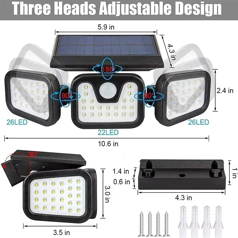Led Solar Motion Sensor Light Outdoor Adjustable Head IP65 Waterproof Three Head Wall Lamp for Garden