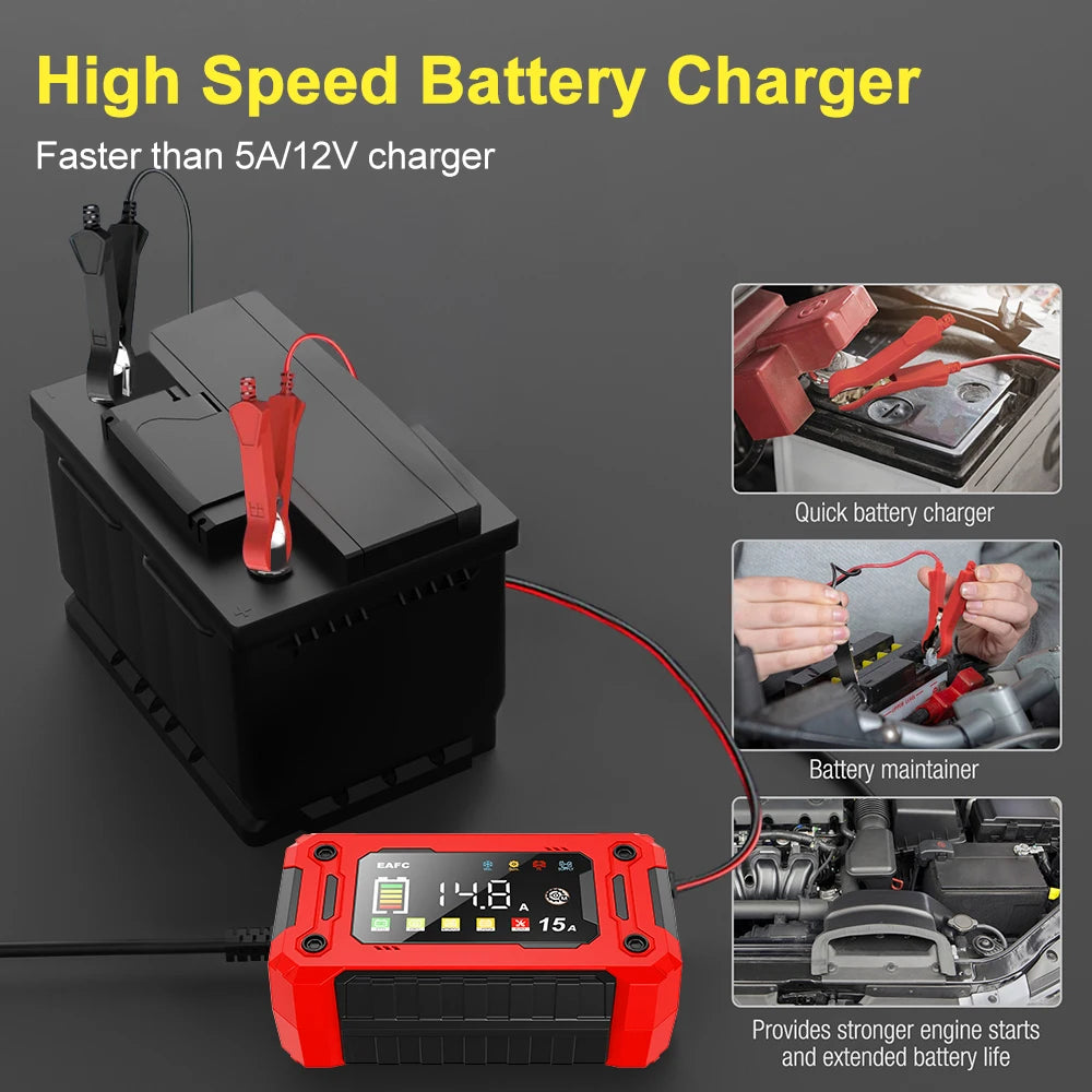 EAFC 12V Car Battery Charger 8A 15A Large Screen Pulse Repair Charger for Auto Moto SUV Lithium AGM Lead Acid GEL LCD Display