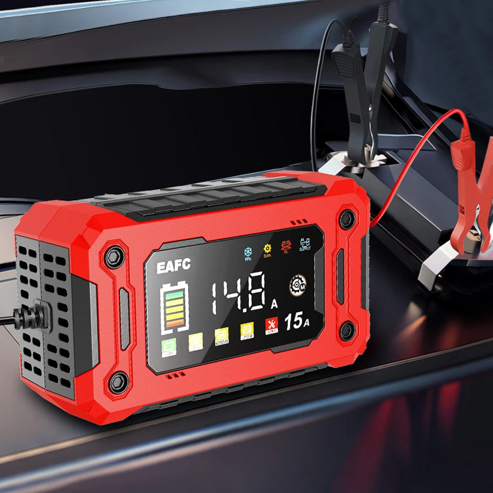 EAFC 12V Car Battery Charger 8A 15A Large Screen Pulse Repair Charger for Auto Moto SUV Lithium AGM Lead Acid GEL LCD Display