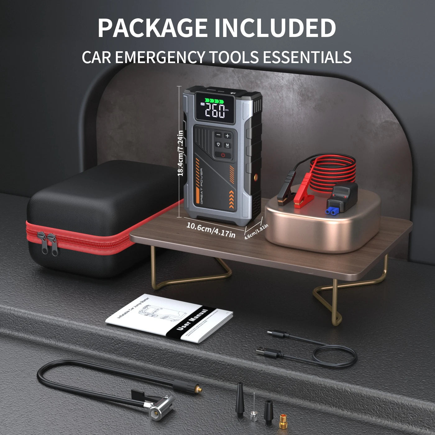 Portable Car Jump Starter With Air Compressor 3000A Peak For Gas And Diesel Engines 12V Battery Pack With 150 PSI Tire Inflator