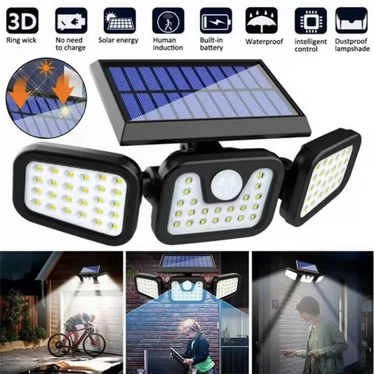 Led Solar Motion Sensor Light Outdoor Adjustable Head IP65 Waterproof Three Head Wall Lamp for Garden
