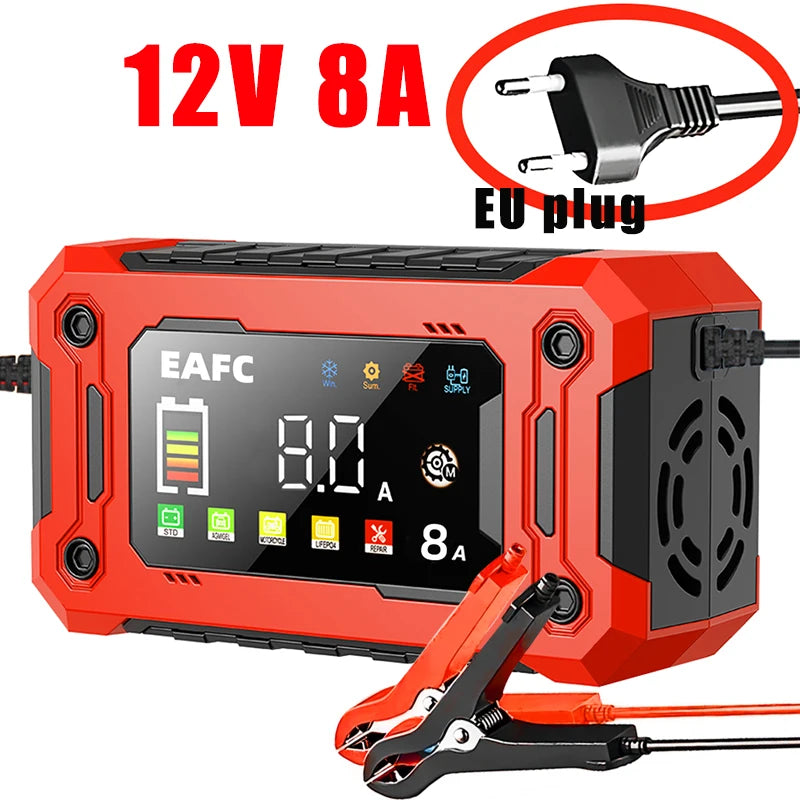EAFC 12V Car Battery Charger 8A 15A Large Screen Pulse Repair Charger for Auto Moto SUV Lithium AGM Lead Acid GEL LCD Display