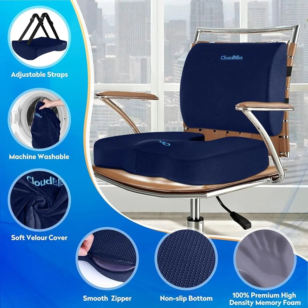 Memory Foam Seat Cushion and Lumbar Support Pillow For Office Chair Car Seat Ergonomic Back Pain Relief Non Slip Design