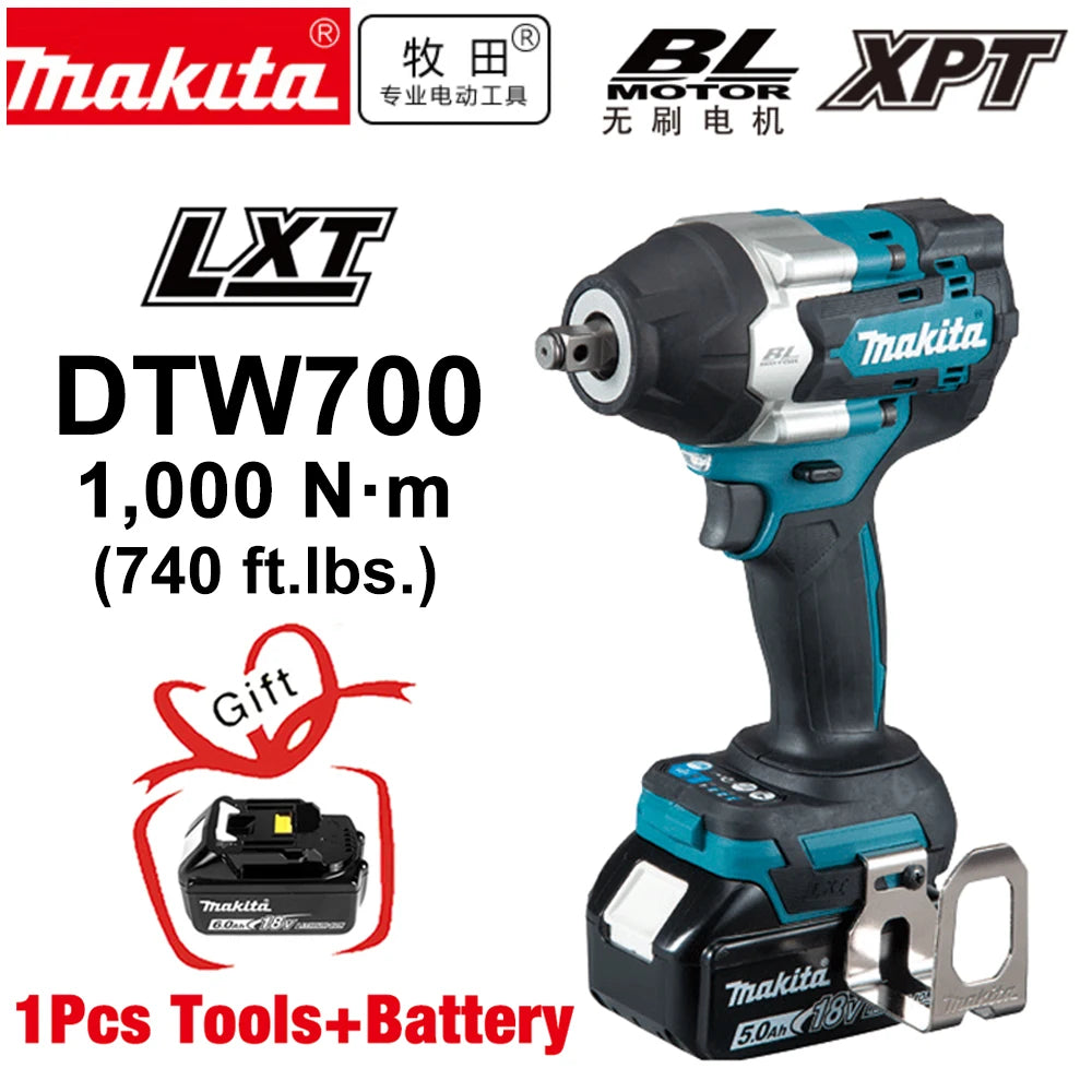 Makita 1000 Nm High Torque DTW700 Brushless Cordless Electric Impact Wrench 1/2 Inch Lithium Ion Battery Compatible with Makita 18V Battery