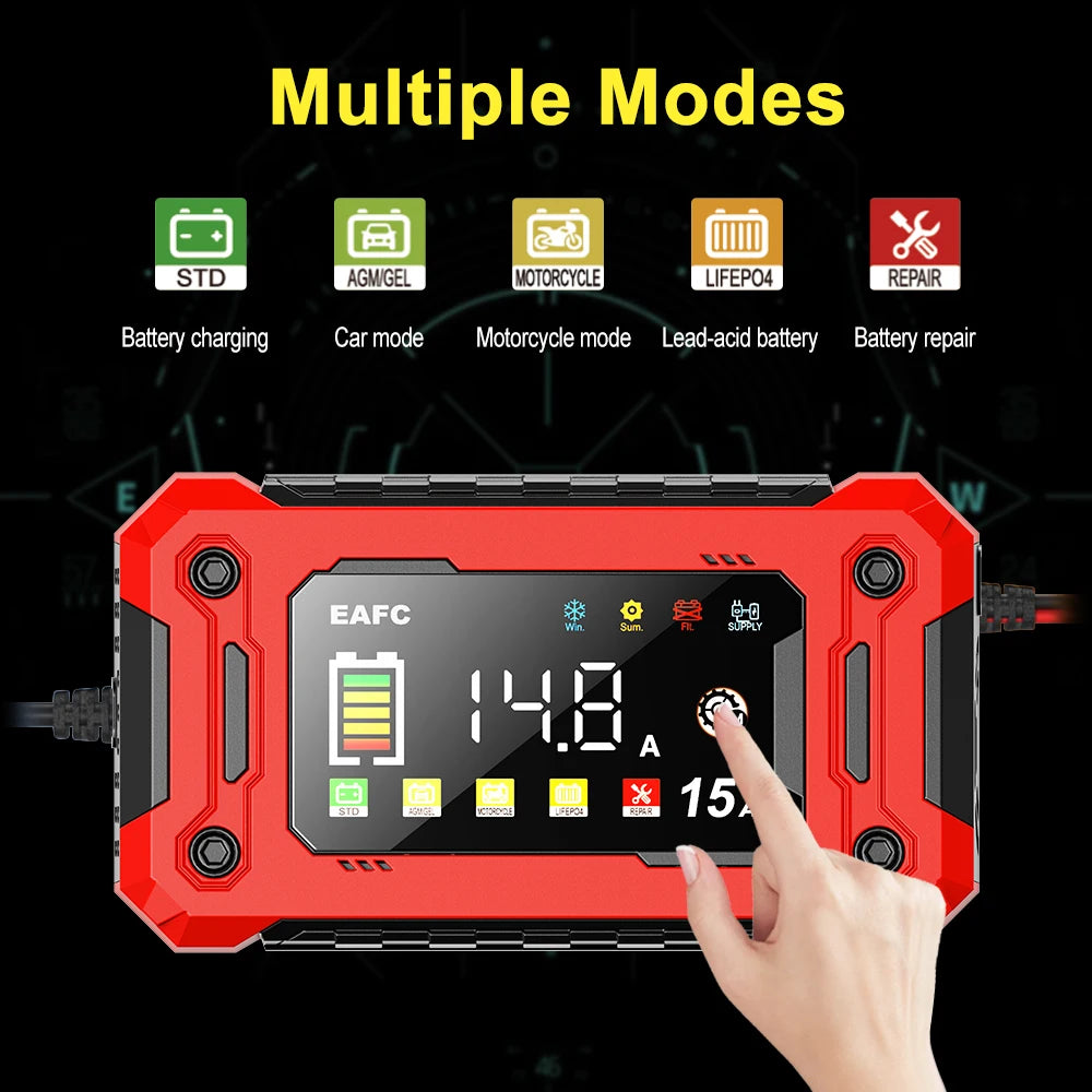 EAFC 12V Car Battery Charger 8A 15A Large Screen Pulse Repair Charger for Auto Moto SUV Lithium AGM Lead Acid GEL LCD Display