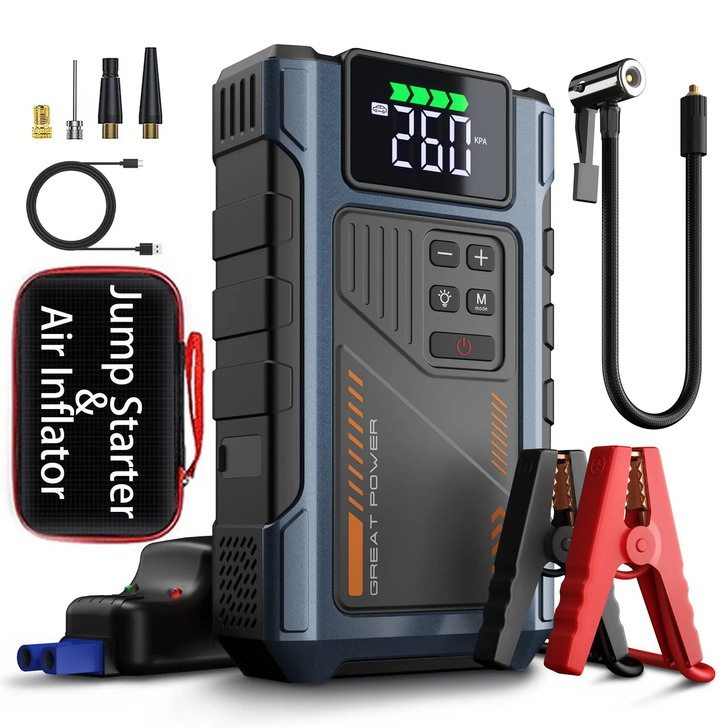 Portable Car Jump Starter With Air Compressor 3000A Peak For Gas And Diesel Engines 12V Battery Pack With 150 PSI Tire Inflator