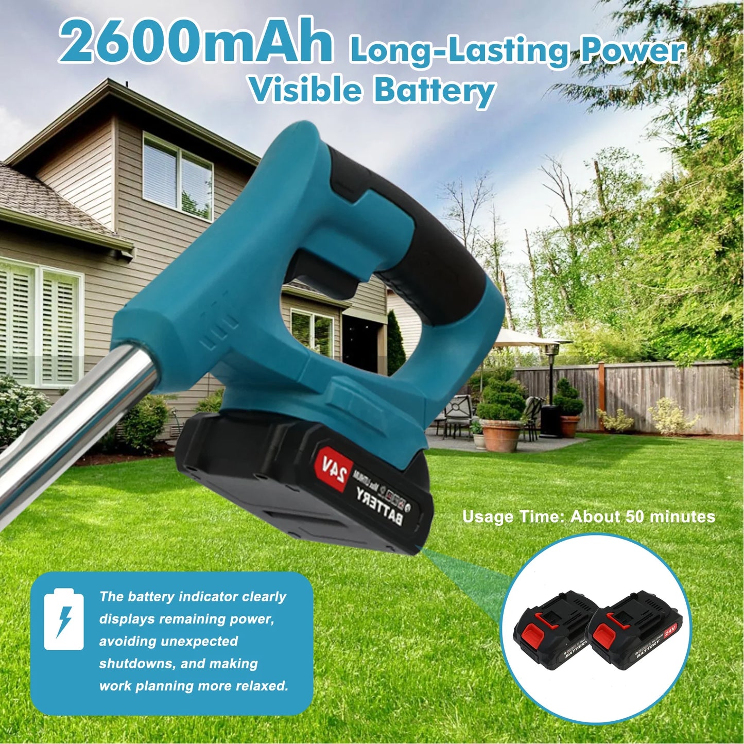 Grass Trimmer Cordless Weed 3 in 1 21V Portable Electric Brush Cutter with Two 2600mAh Batteries and Charger for Garden Yard Weed Control