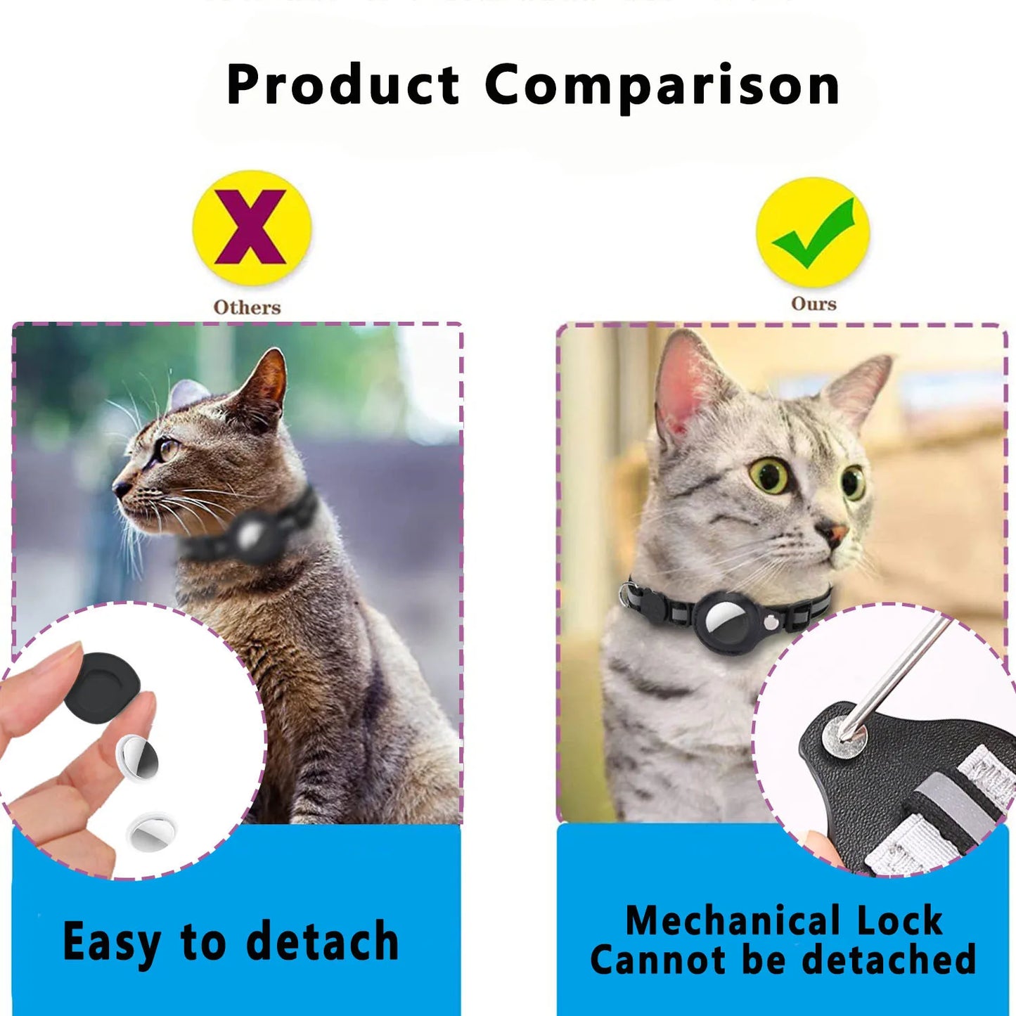 Cat AirTag Holder Collar Breakaway Reflective Strips Adjustable Waterproof Kitten Collar with Bell