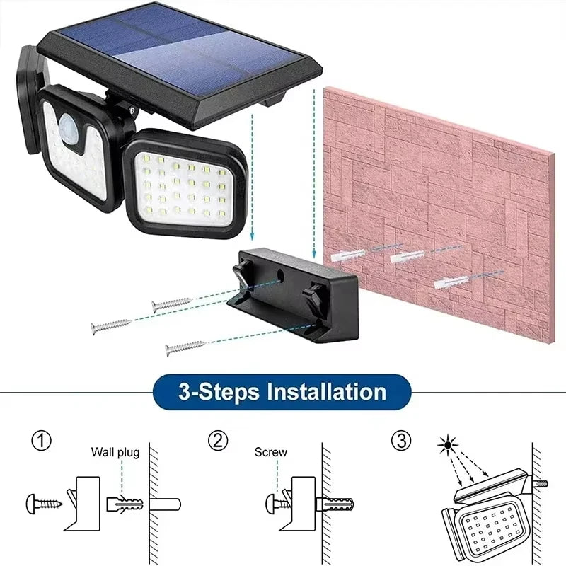 Led Solar Motion Sensor Light Outdoor Adjustable Head IP65 Waterproof Three Head Wall Lamp for Garden