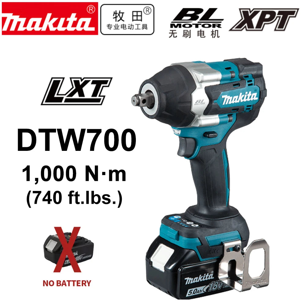 Makita 1000 Nm High Torque DTW700 Brushless Cordless Electric Impact Wrench 1/2 Inch Lithium Ion Battery Compatible with Makita 18V Battery
