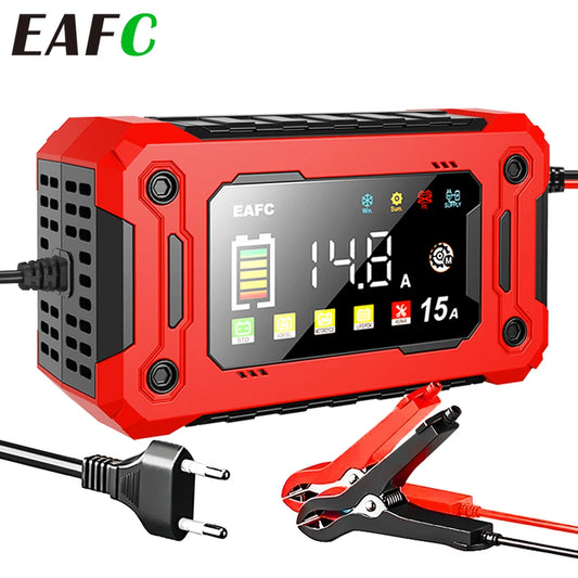 EAFC 12V Car Battery Charger 8A 15A Large Screen Pulse Repair Charger for Auto Moto SUV Lithium AGM Lead Acid GEL LCD Display