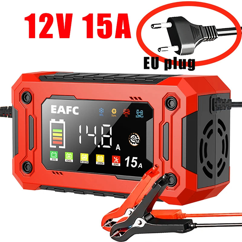 EAFC 12V Car Battery Charger 8A 15A Large Screen Pulse Repair Charger for Auto Moto SUV Lithium AGM Lead Acid GEL LCD Display