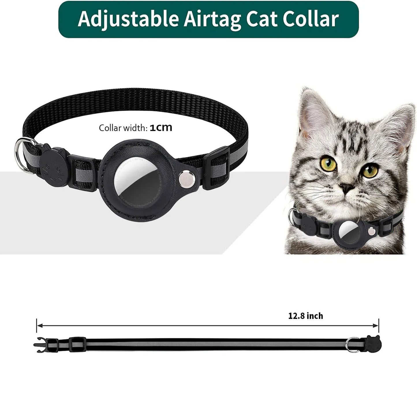 Cat AirTag Holder Collar Breakaway Reflective Strips Adjustable Waterproof Kitten Collar with Bell