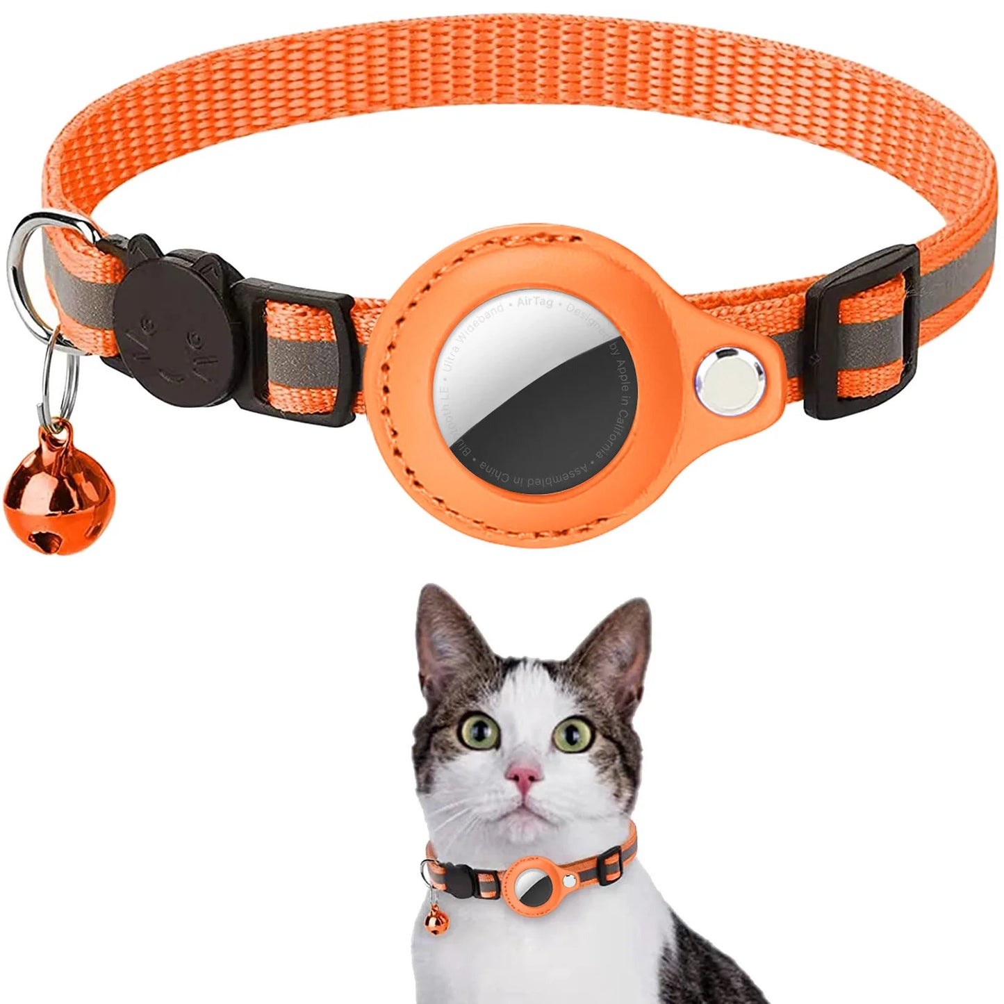 Cat AirTag Holder Collar Breakaway Reflective Strips Adjustable Waterproof Kitten Collar with Bell