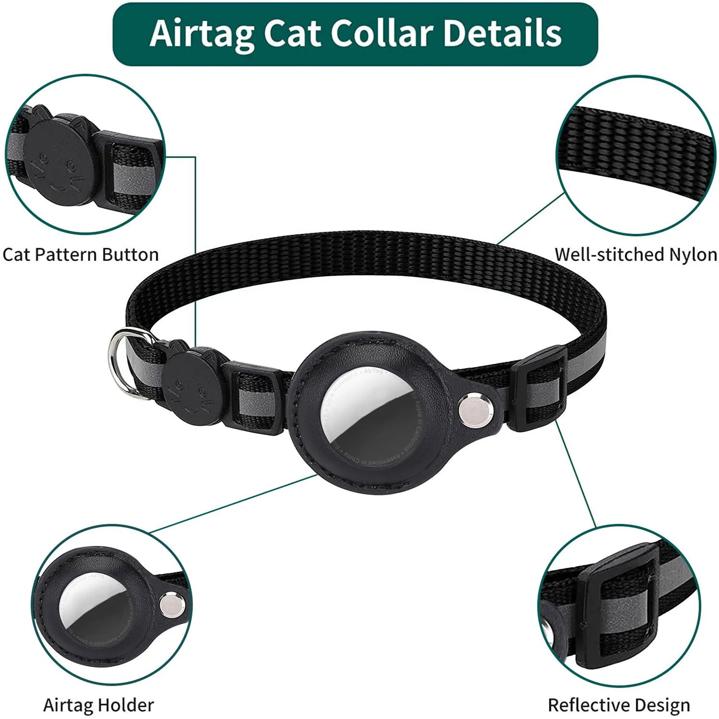 Cat AirTag Holder Collar Breakaway Reflective Strips Adjustable Waterproof Kitten Collar with Bell